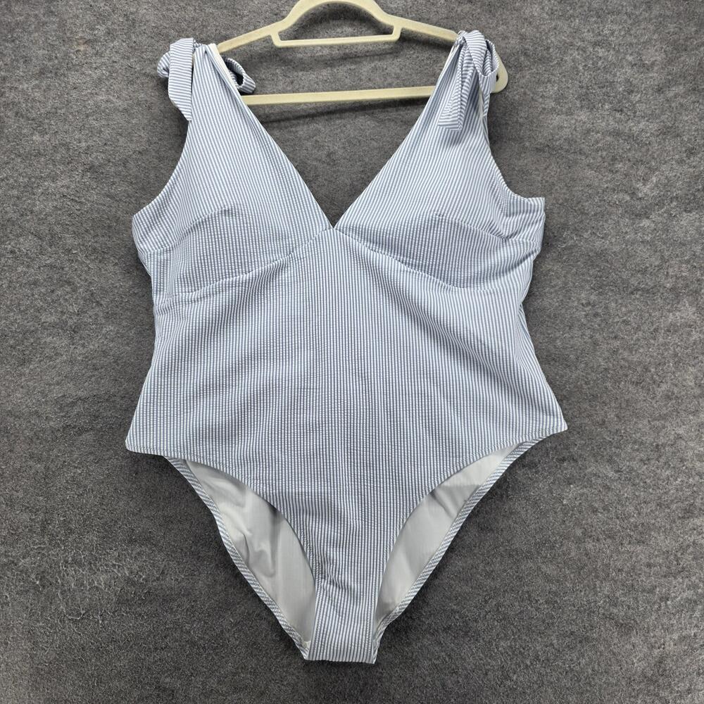 H&M Swimsuit Womens 2XL Blue White Stripe Padded One Piece Swimwear Tie Straps